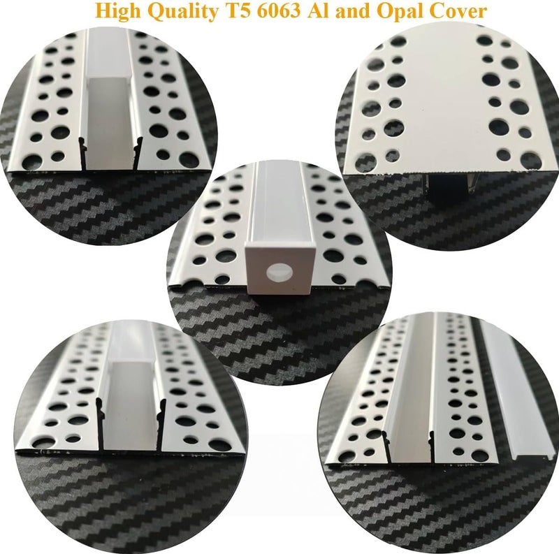 LIGHTOTECH 6Pack 6.6FT/2 Meter Plaster-in LED Drywall Aluminum Channel with Flange for 12mm Strip Lights, Recessed Aluminium LED Profile with Clip-in Diffuser and End Caps - Image 4